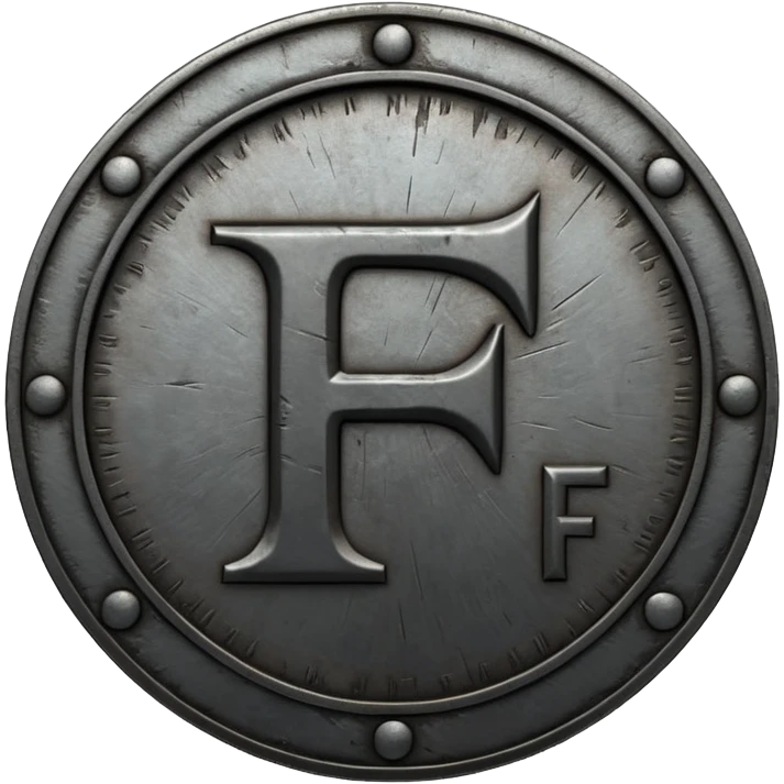 Minimal emoji, gothic metal coin made of black steel, engraved number f at the center, ancient industrial aesthetic, worn metal texture, no glow, no neon, flat emoji design, centered, transparent background emoji