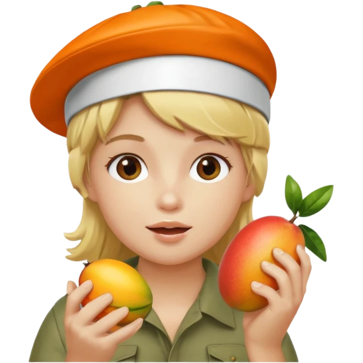 make a 67 mason eating mango name river but make him have blonde hair and a visor emoji