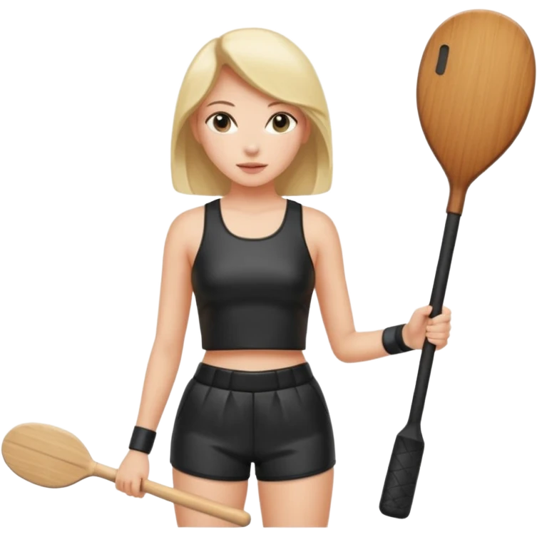 Women dressed in a black leather crop top and shorts hollering a black paddle  emoji