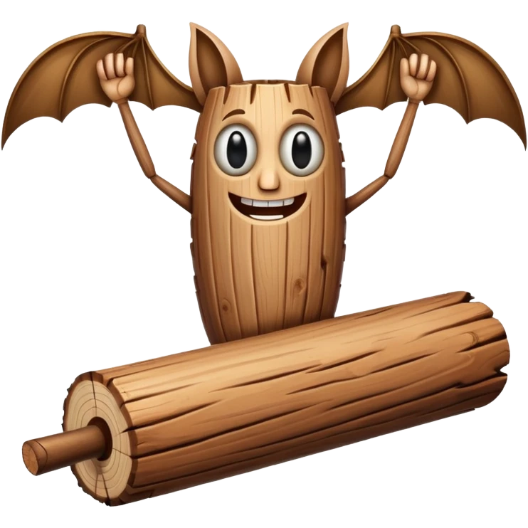 The character is an anthropomorphic wooden log with a cartoonish face, human arms and legs, and a long wooden bat, giving it a surreal, humorous appearance. emoji
