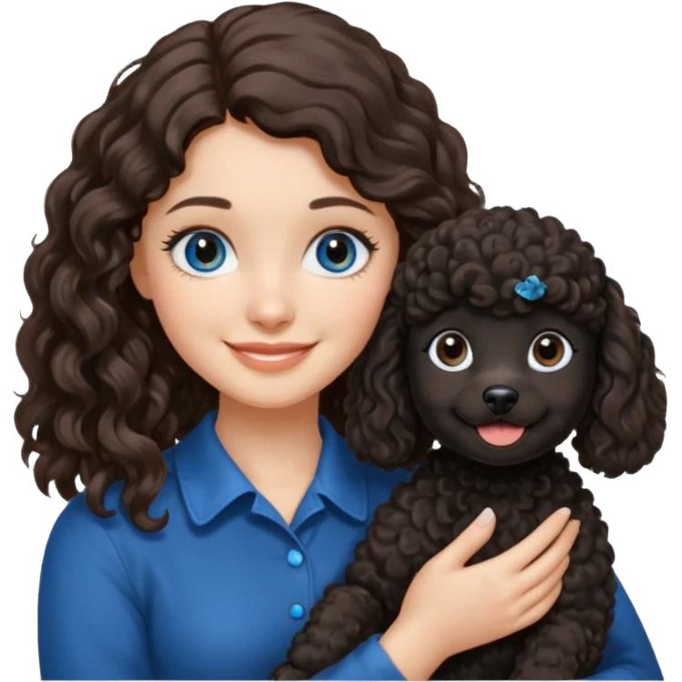 Brunette girl with long wavy hair and blue eyes holding black puppy poodle with brown eyes emoji