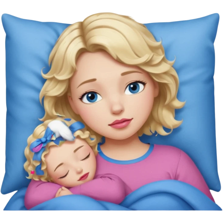 Girl Blonde short wavy hair,  blue eyes, cute blue top, long lashes, pink lips, sleeping emoji