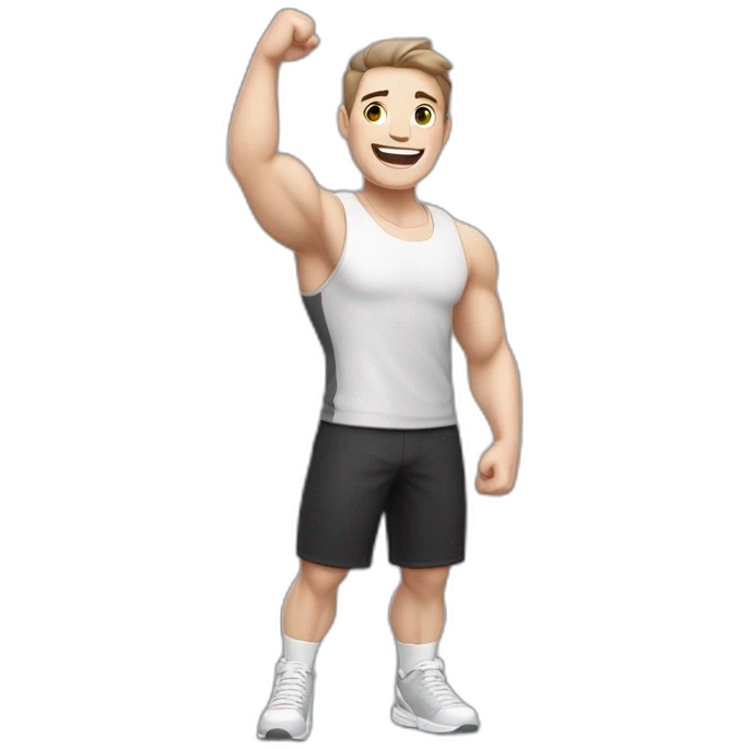 Joyful Celebrating victory Pale skinned Fit Man With the biceps and dark brown hair in black shirt, gray sports shorts and white Sneakers emoji