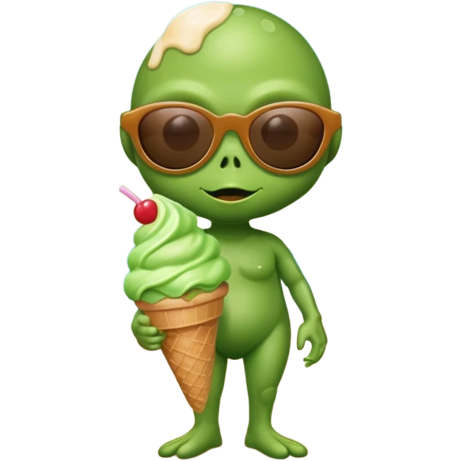 Green alien with ice cream and sunglasses on beach emoji