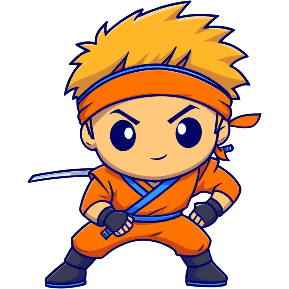 A blonde ninja boy with spiky hair, whisker marks on cheeks, orange outfit, and blue headband with metal plate emoji