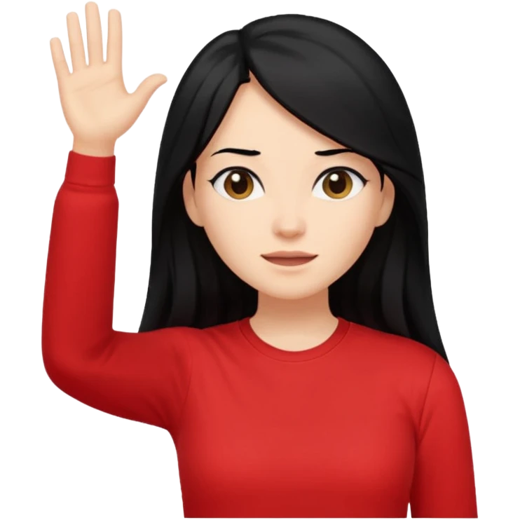 빨간색 티셔츠를 입고 긴 검정머리를 가진 여성이 모르겠다는 듯이 어깨를 올리고 고개를 살짝 왼쪽으로 기울고  제스처를 하고있음 🤷🏻‍♀️ emoji