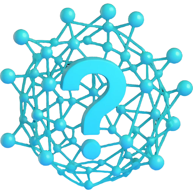 icon symbolizing non-deterministic logic, a network with a question mark at the center, glowing elements, dynamic mysterious, blue and teal colors, 3D emoji style emoji