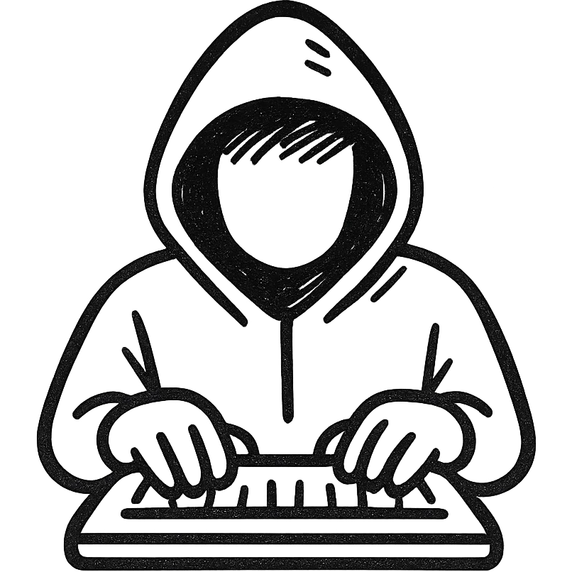 silhouette of a hooded hacker, hands on keyboard, no background emoji
