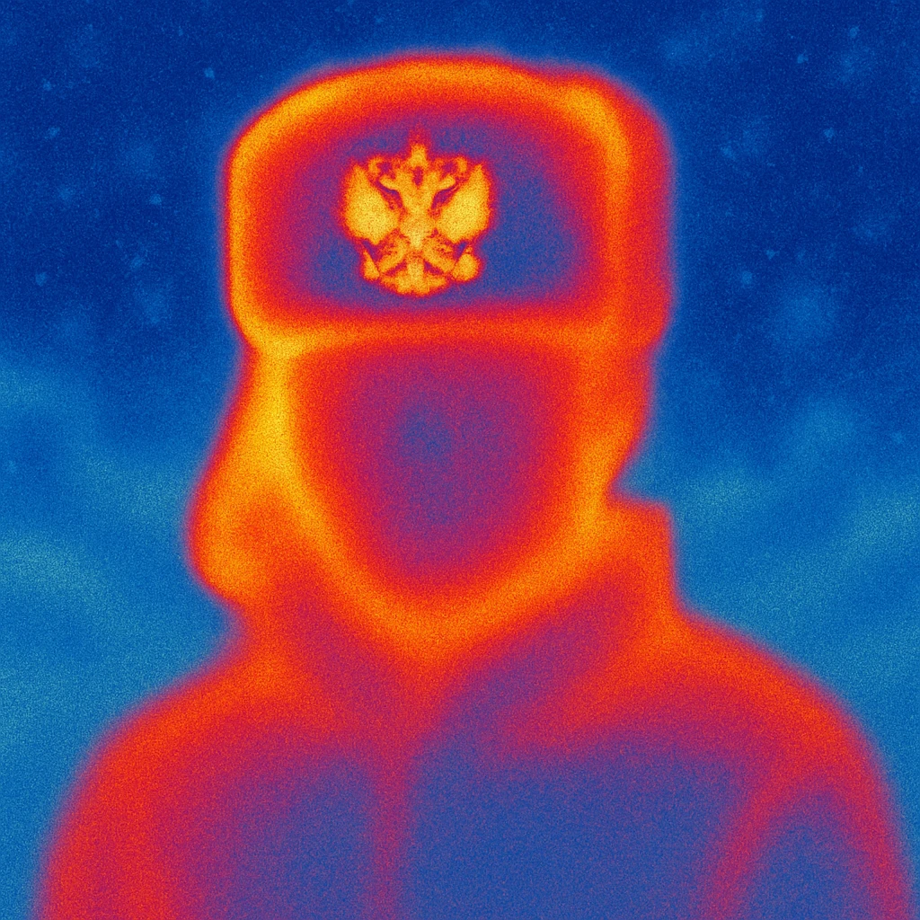 Russian ushanka hat with the emblem of Russia in a snowy background emoji
