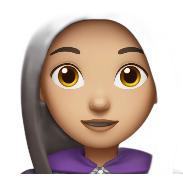 a young white brown thin girl with straight dark hair dressed as a purple witch emoji