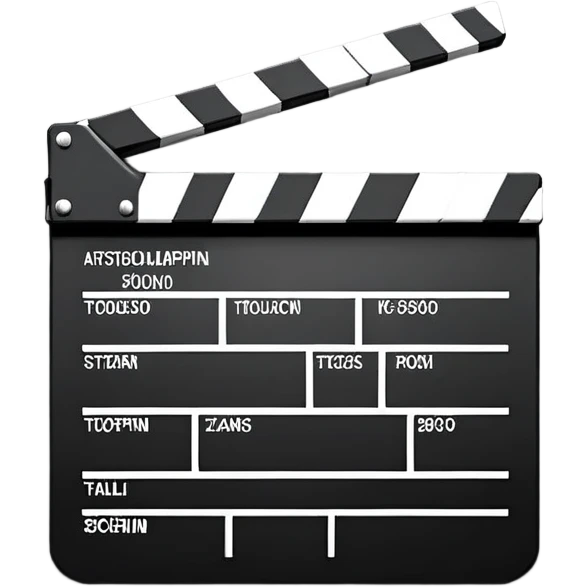 Flat design movie clapperboard with subtle shadow, black and white with minimal stripes, clean iOS emoji style emoji