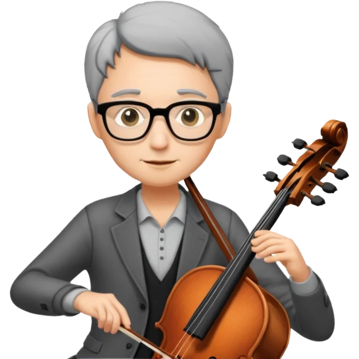 an emoji of my mum playing the cello, she has short black-ish gray hair, wears glasses, she is small emoji