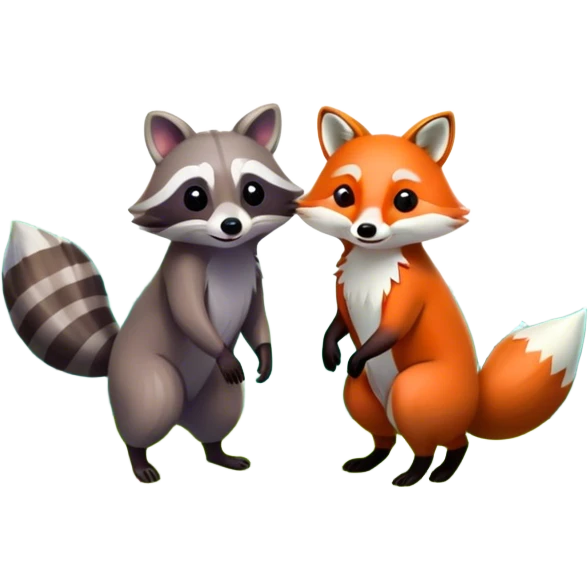 raccoon and a fox in a colorful forest with vibrant green trees, bushes and flowers. The animals are in the foreground, surrounded by a lush, bright forest, with soft sunlight filtering through the leaves. A playful and wild scene with a transparent background. emoji