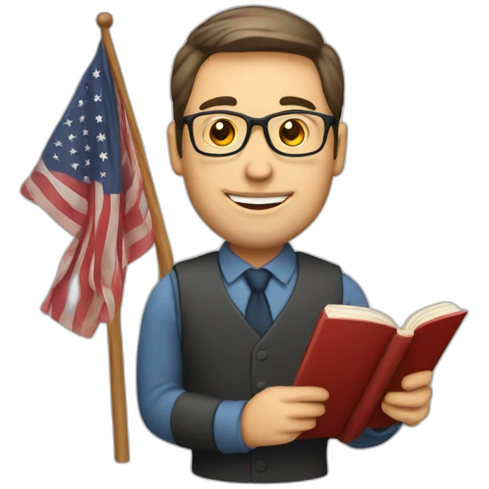 male english teacher with book and american flag emoji