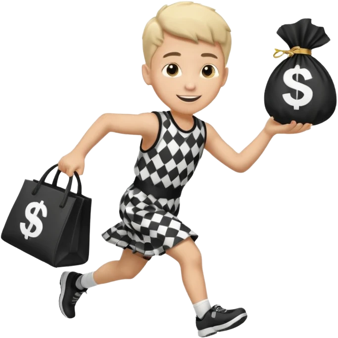 Robber running with Money bag black and white check dress boy emoji