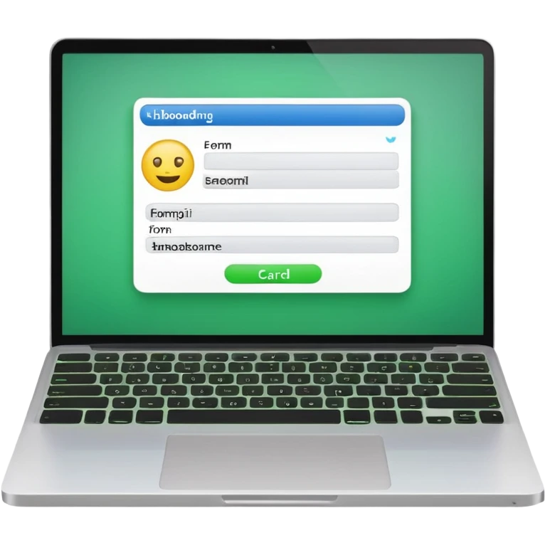 A emoji-style illustration of a laptop front facing with its screen showing onboarding form. On the screen, display a small white form card with a few input fields no labels. Add a bright green button at the bottom of the card no label. fix the keyboard letters. emoji