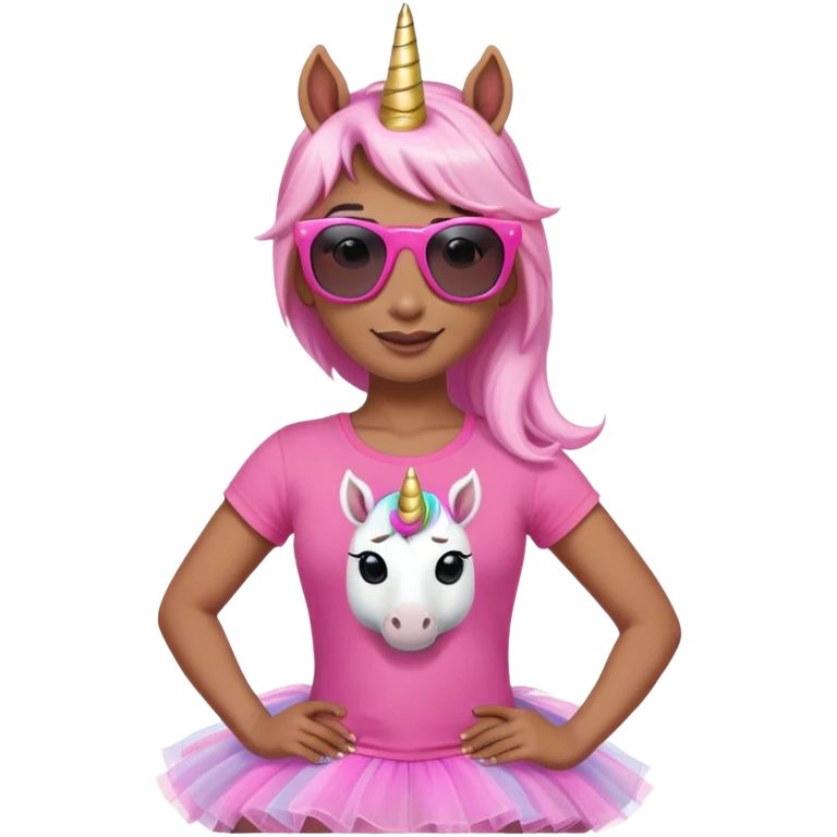 friendly anthropomorphised female unicorn with horse-like face, in tutu and pink t-shirt, wearing dark sunglasses, relaxed pose, close-crop head and shoulders portrait emoji