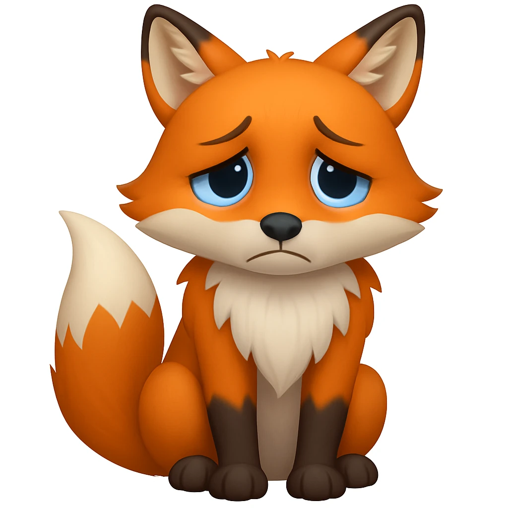 A 2D cartoon fox emoji with a sad expression, looking downcast, with blue eyes. emoji