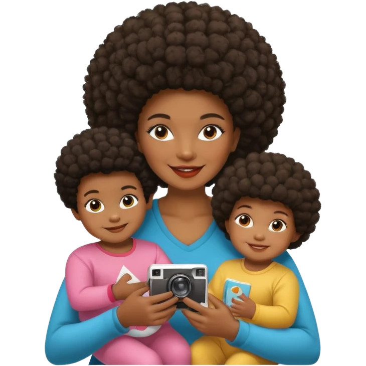 afro hair Dark Skin mom with two children, one young boy and a baby girl in polaroid picture  emoji