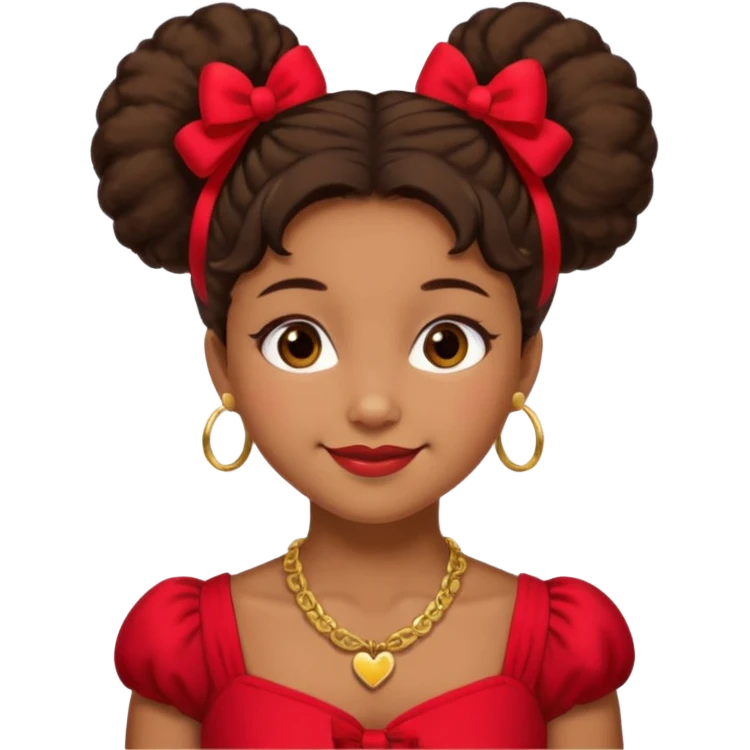 Brownskin girl dark brown hair fluffy.Two buns with red bows brown eyes smiling closed mouth red shift gold necklace emoji