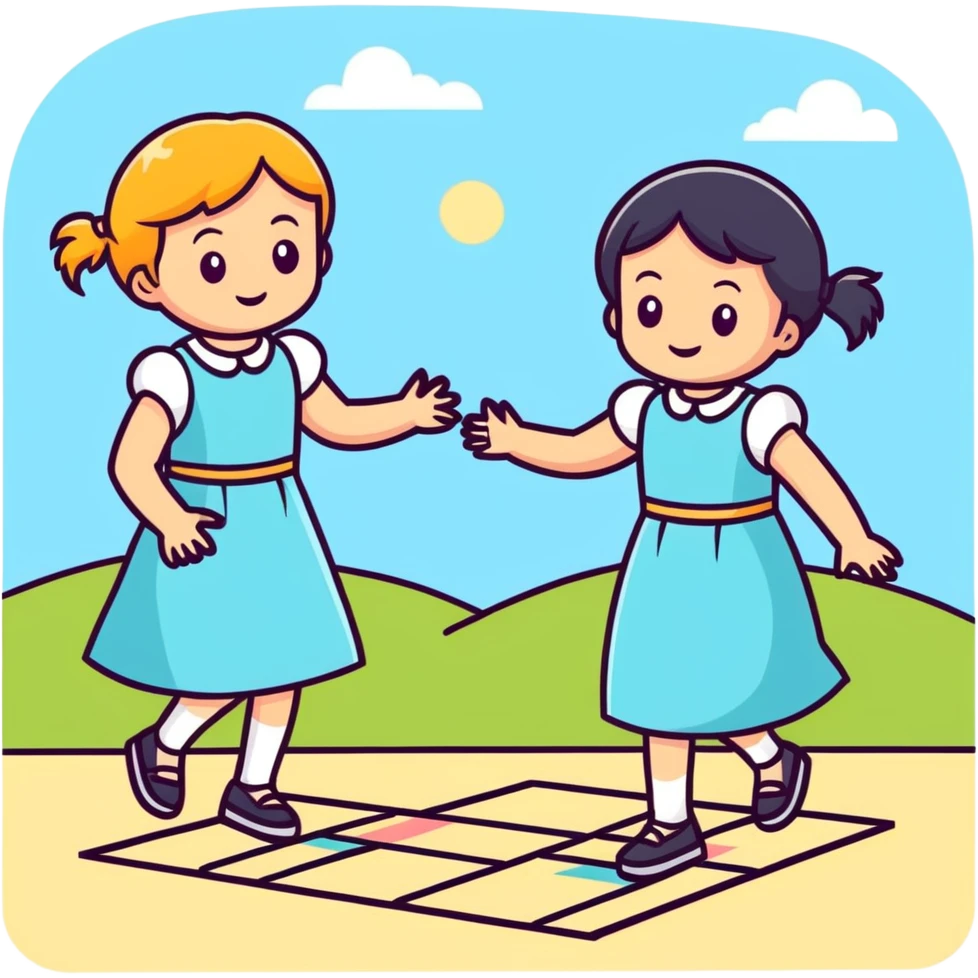 Two black girls in long dresses playing hopscotch  emoji