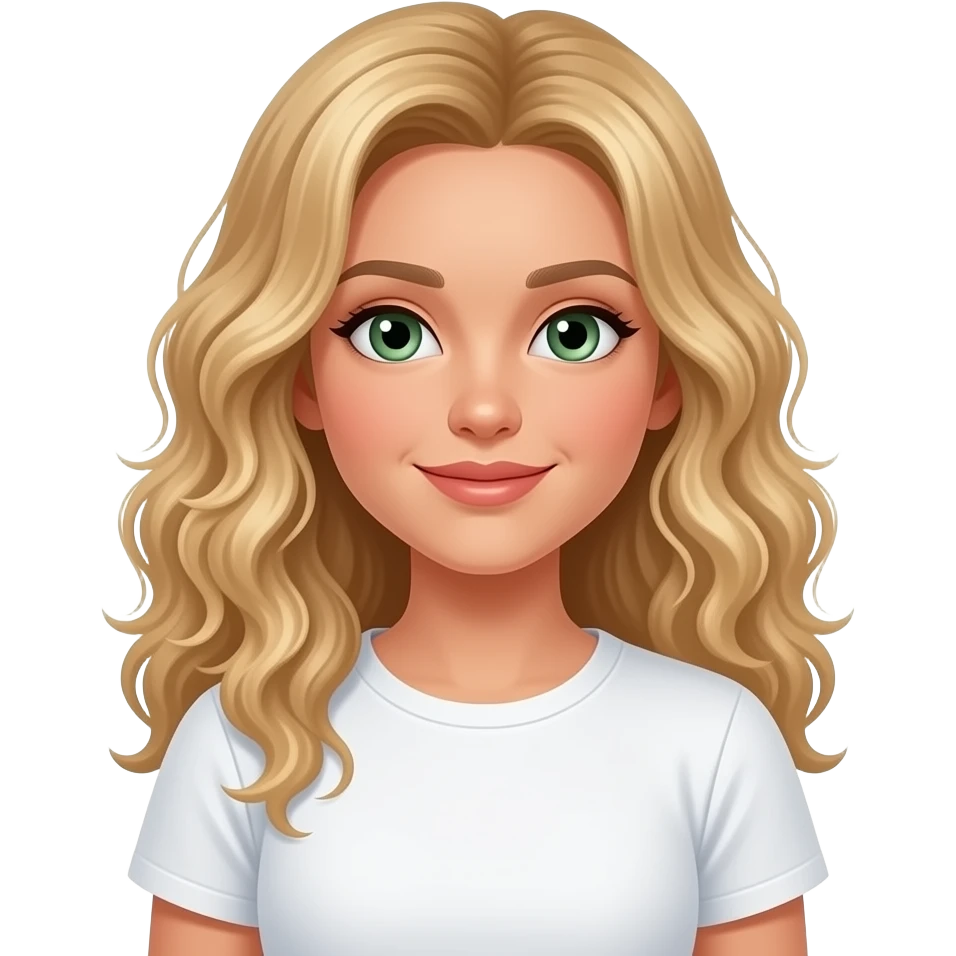 Делай светлый кожу блондинку с кудрявыми длинными волосами и с зелёными глазами в футболке скимс с белым цветом но не сильно тёмный смуглый светлей emoji