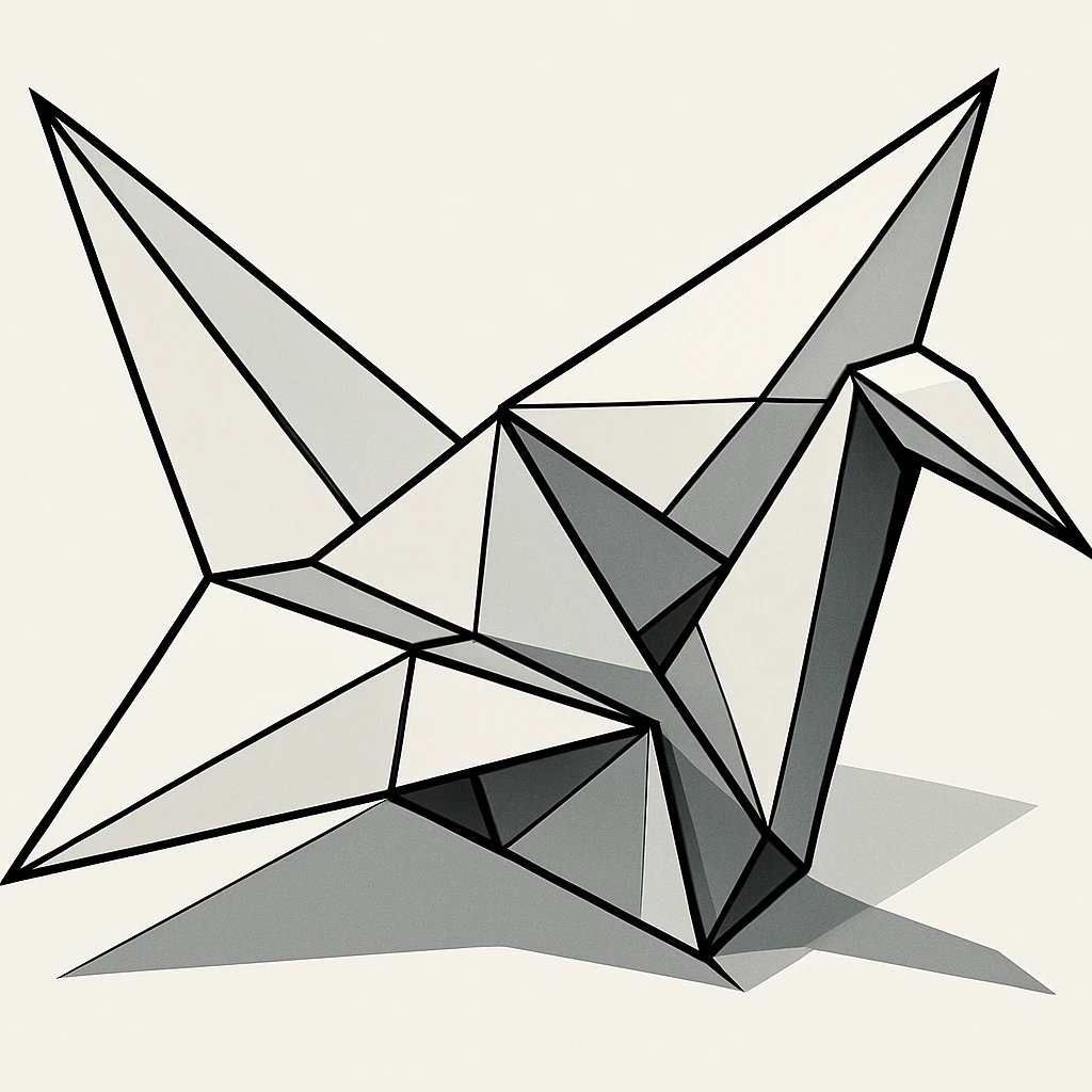 Make the origami crane even more abstract, emphasize geometric shapes, deconstruct the form, use bold lines and minimal color, keep the background clean and simple in a low-poly polygonal illustration style. emoji