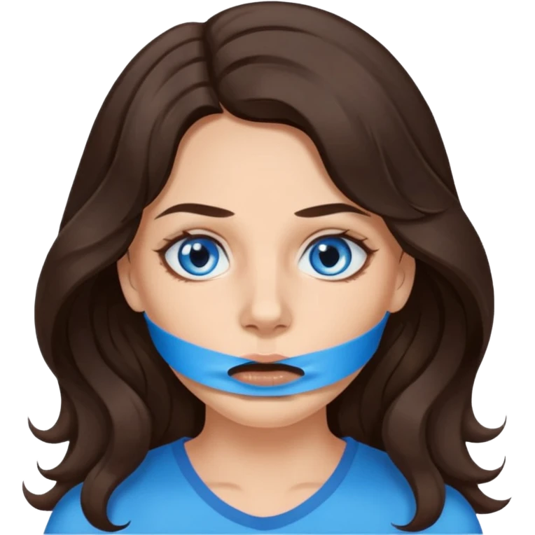 Female long wavy dark brown hair blue eyes, tape over mouth, victim of DV emoji