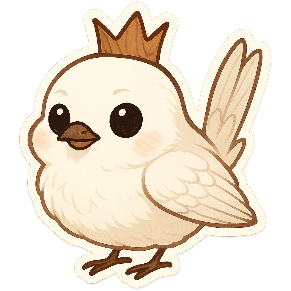 small elegant wren bird with alabaster-white feathers and wooden crown, storybook style, emoji style emoji