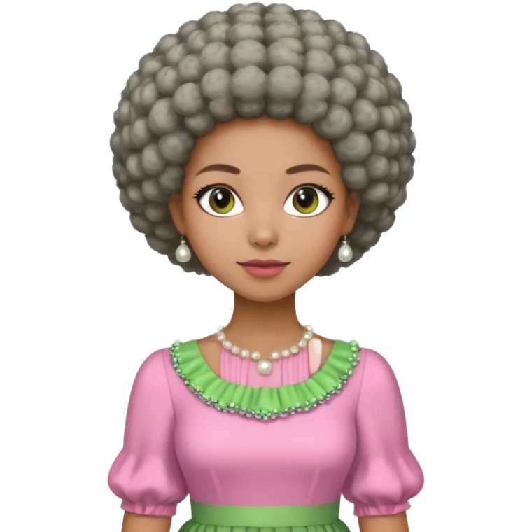 Brown woman with a tiny stylish gray Afro  wearing pink and green dress  and pearl blouse with sleeves emoji