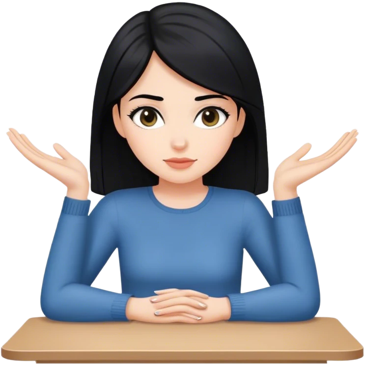white girl full body black hair sitting at table with hands flat emoji