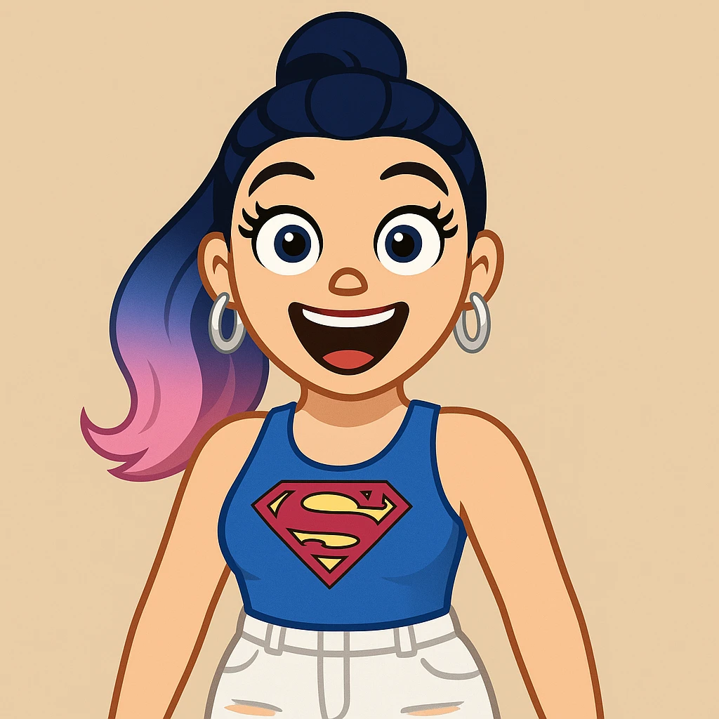 Create a girl character in emoji style with the same face and outfit as the reference image. Change the hair to a high ponytail dark blue ombre, blue eyes, very excited expression, thick black eyeliner, thick long eyelashes, light pink lips, large upper body visible, wearing white ripped cargo pants. emoji