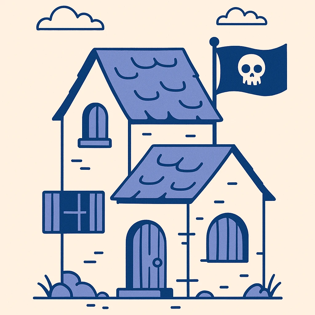 old pirate's house with skull flag emoji