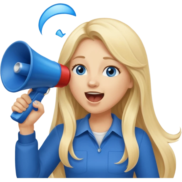  blue eyes blonde girl yelling into megaphone smiling long hair emoji