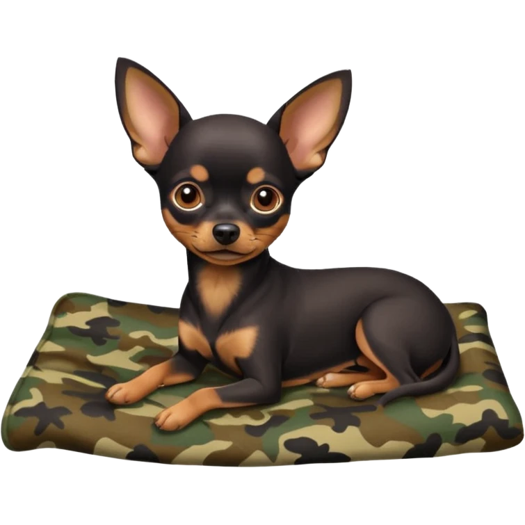 Min-Pin Chihuahua with a dark coat resting on a camo blanket, tiny paws visible emoji