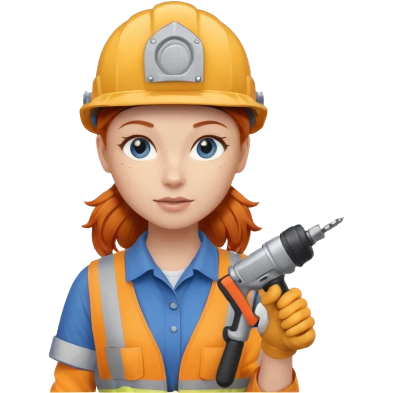 A ginger haired girl blue eyes, handyman Outfit, wearing a Helmet, with drill emoji
