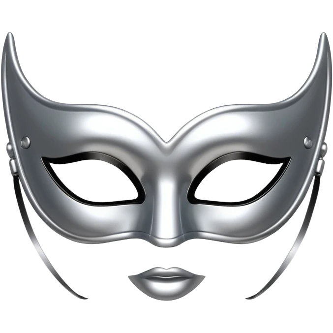 A sleek masquerade mask emoji made of polished silver chrome, smooth sensual curves, reflective metallic surface, mysterious sexy luxury vibe, minimal iOS emoji style, centered, clean white background emoji