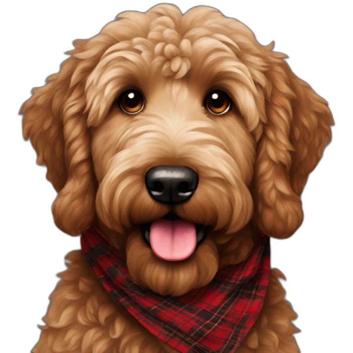 Dark brown colored golden doodle with a red and black flannel hankerchief emoji