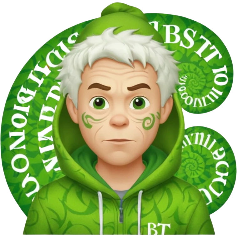Create an avatar of white European male in hoodie with ``BST`` letters on it. Make background to look like from movie Grinch emoji
