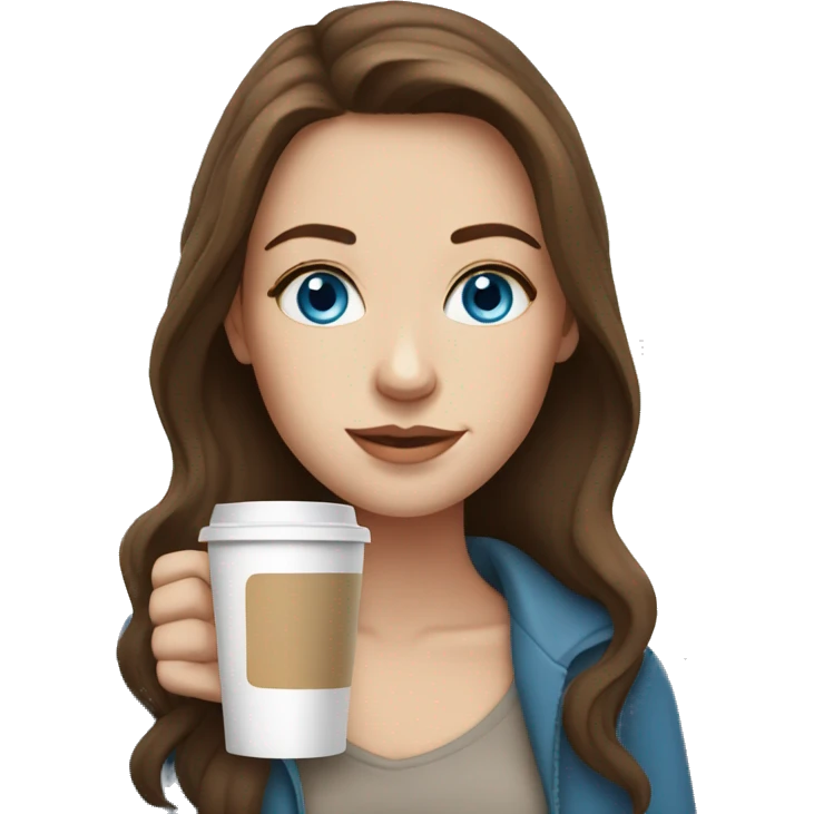 white girl with brown hair and blue eyes and a coffee emoji