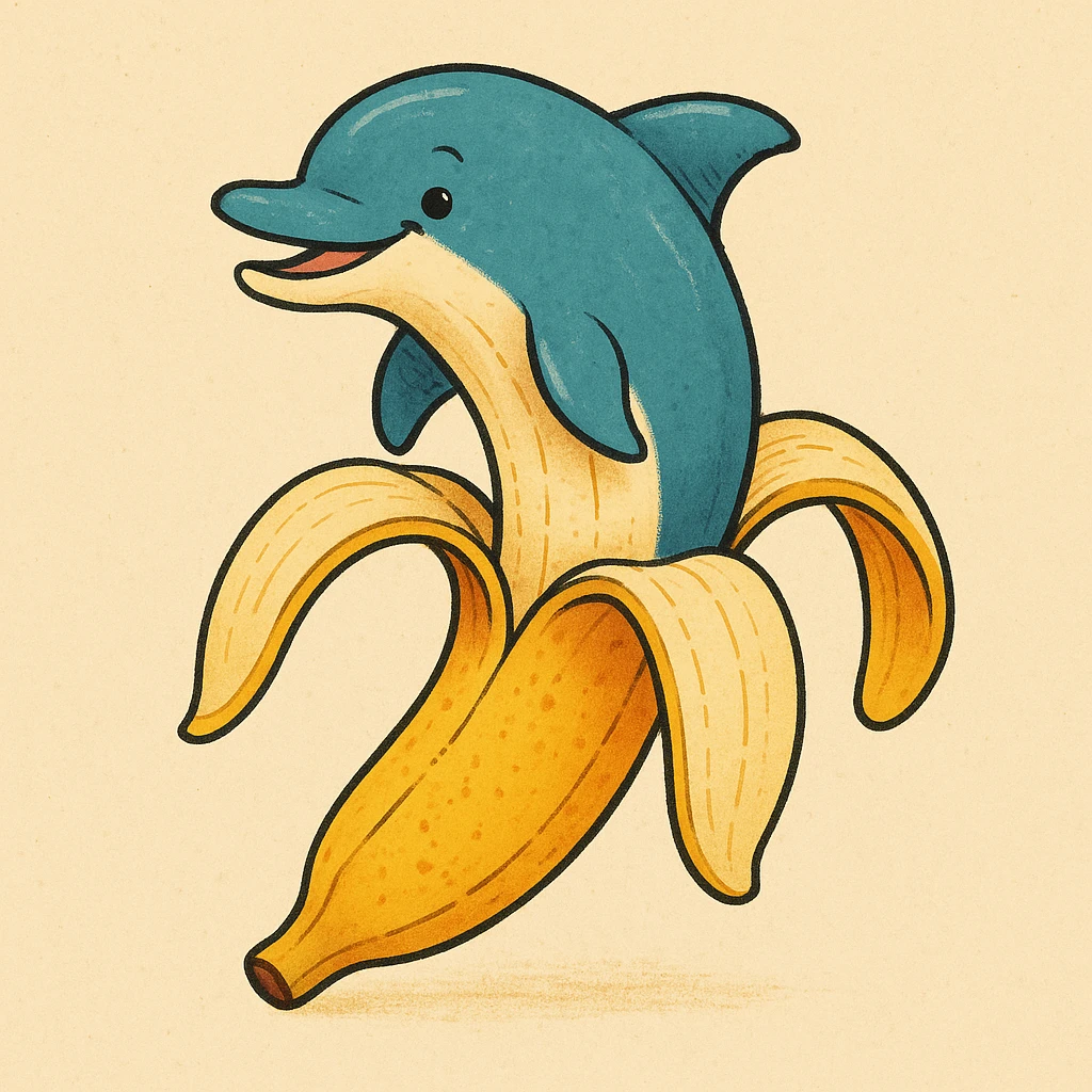 a playful and creative dolphin whose lower body is a peeled banana, with the dolphin's upper body as the banana top emoji