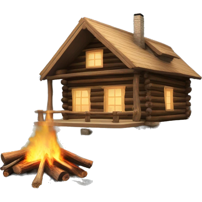 Log cabin on lake with woodsmoke emoji