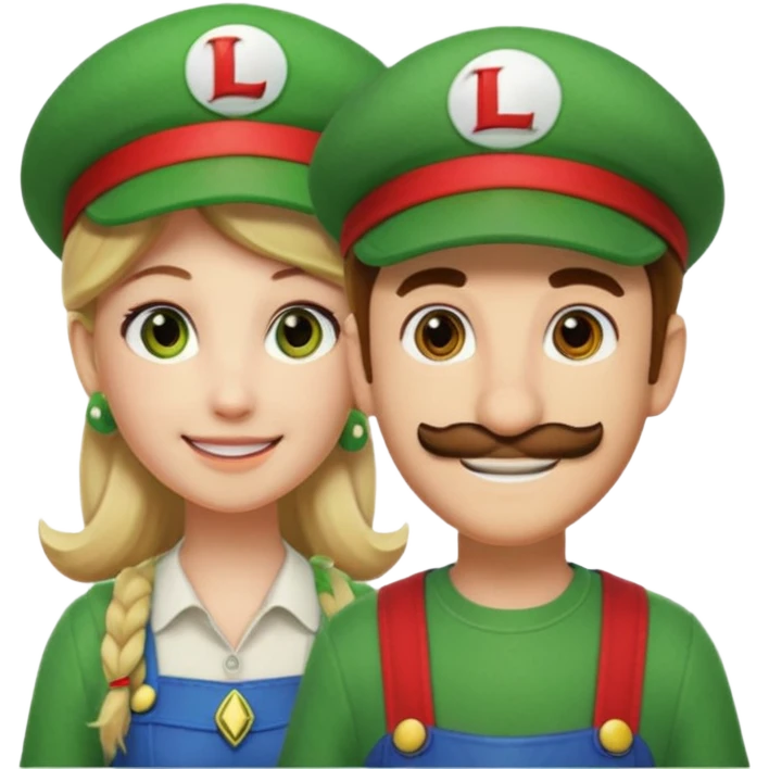 blonde female Luigi (with the Luigi green hat with an L on it) and a normal brown hair male Mario with the red hat with a (M) on it. They are friends just smiling. think video game emoji