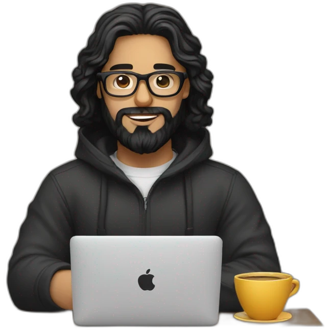 Designer with black hair, beard and glasses working with MacBook and drinking cappuccino  emoji