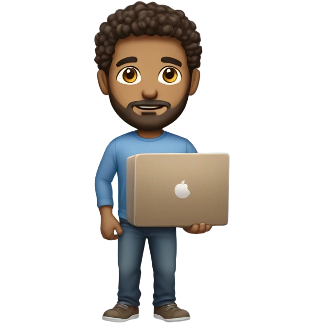 men carrying a computer in his hands. light brown skin men with curly dark brown hair, brown eyes, little grown beard. imposing, bit muscular build. dressed casual. emoji