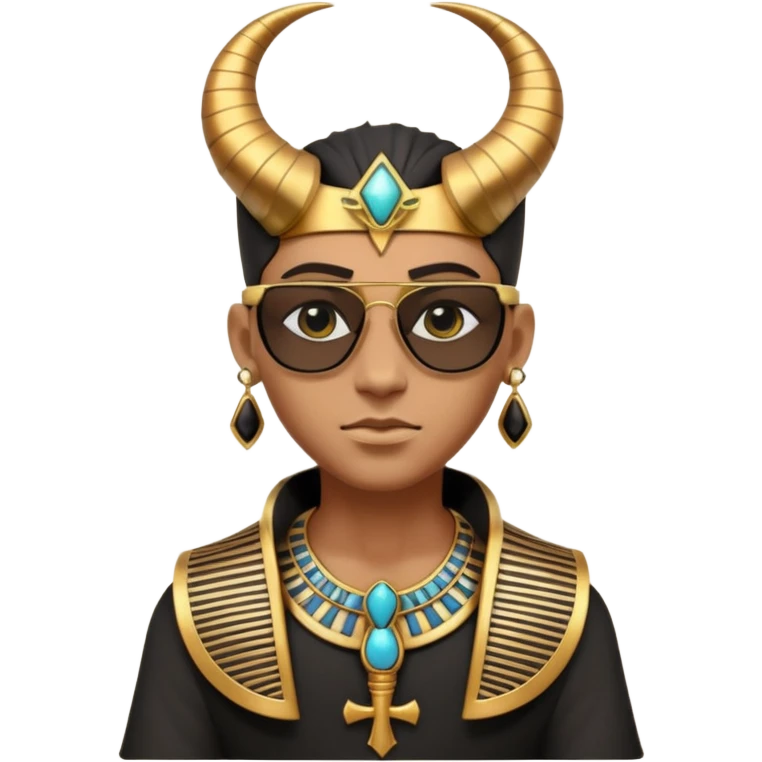3D cartoon horned character portrait, wearing sunglasses, gothic ancient Egyptian style, pharaoh collar, dark gold and black outfit, ankh symbols, Egyptian jewelry, mysterious expression, soft dramatic lighting, centered, clean background, no text, no watermark emoji