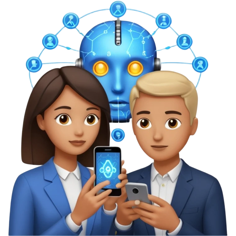 Generate a realistic emoji of a two people using a phone which shows artificial intelligence. Out of the phone is coming 3d ideas and electric symbols and a lot of small ideas popping up emoji