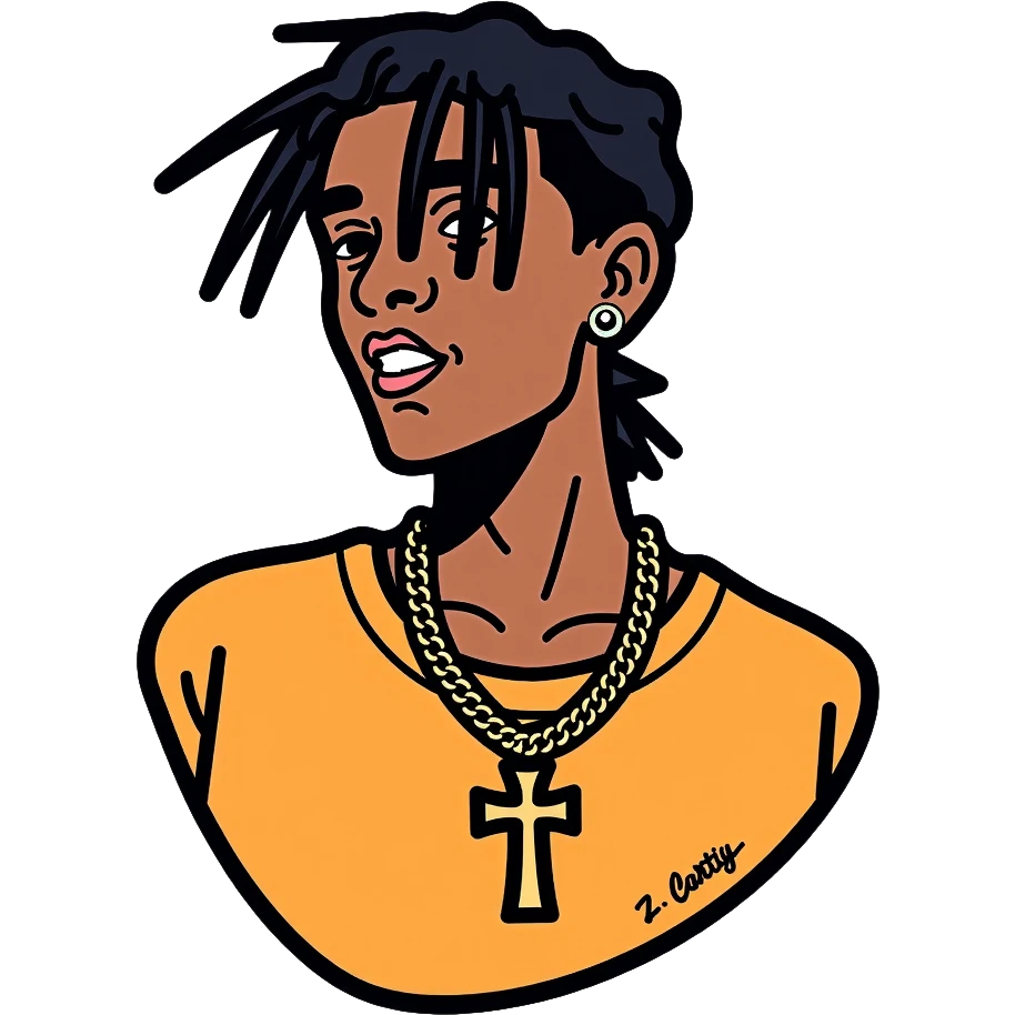 Playboi Carti rapper wearing an upside-down cross necklace emoji