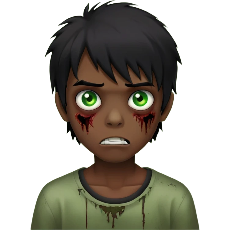 Boy, zombie, black hair, medium long, emo, shaggy, dark, spooky, creepy expression, green eyes emoji