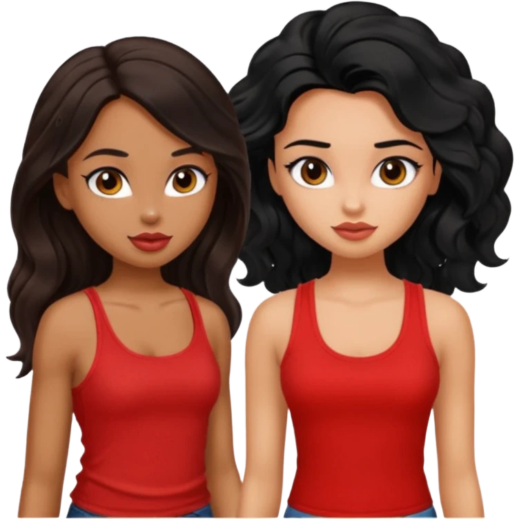 generate a pretty tan bratz girl with brown wavy hair long wearing a red tank top. talking to a girl with black hair wearing black emoji
